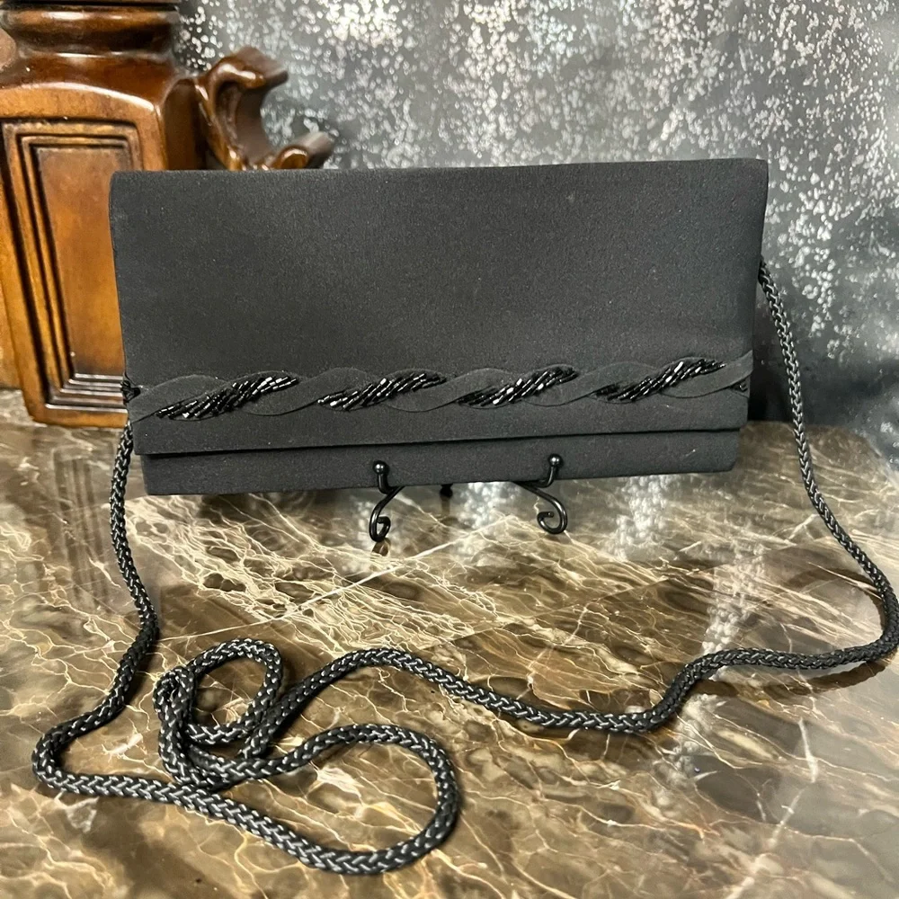 Black Satin Overlay Clutch Purse with Beaded Accents